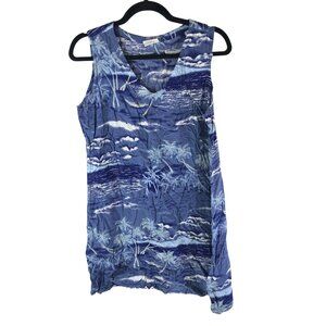 Tropical Escape Swim Cover Dress V Neck Sleeveless Palm Tree Print Blue L